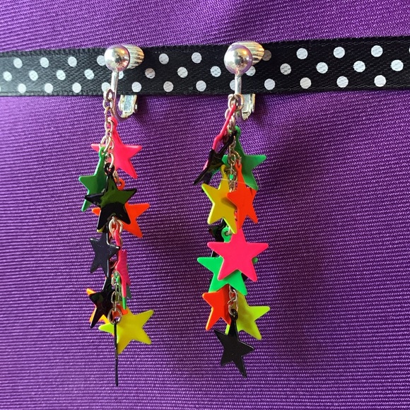 Clip On Colorful Stars Dangly Earrings - Picture 3 of 3